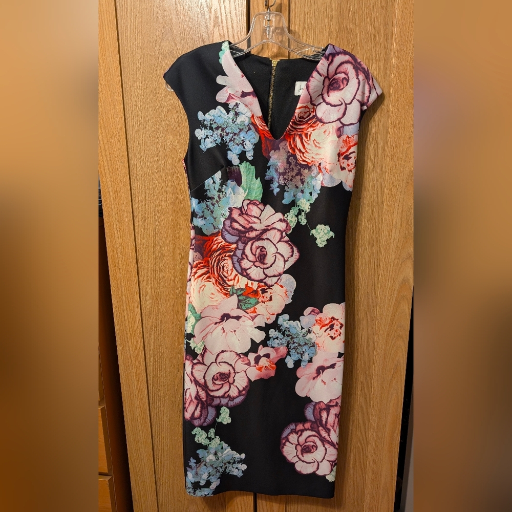 Joseph Ribkoff Black Midi Dress with Pink, Coral and Mint Floral Print